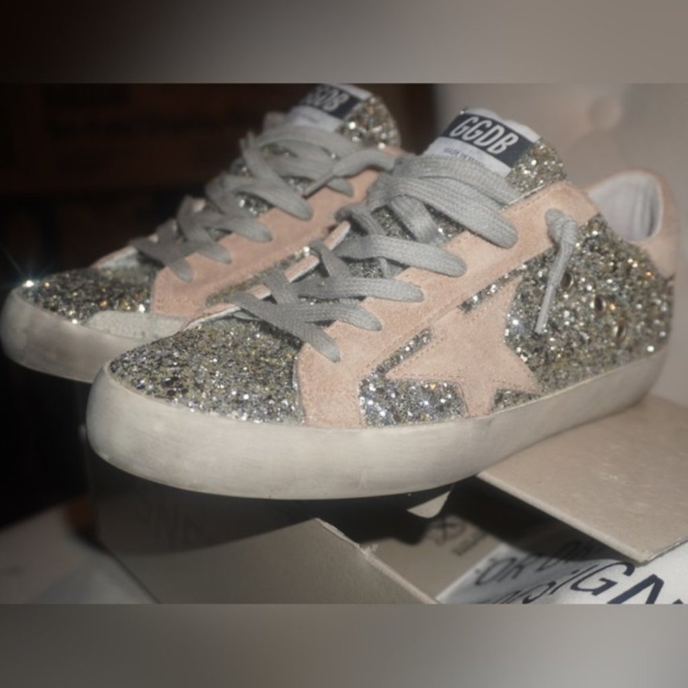 Golden Goose Superstar Platinum glitter and Beige suede sneaker